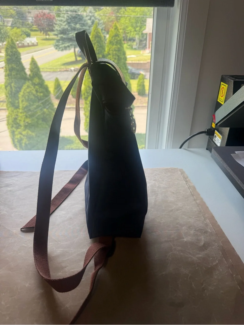 Longchamp Navy Nylon Backpack with Brown Leather Flap